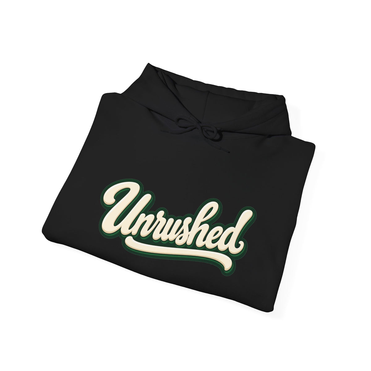 Hoodie — "Unrushed" Script Hoodie with "What Is Written Will Reach You" Back Quote
