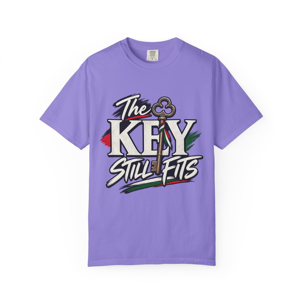 Key Still Fits T-Shirt — Vintage Key Graphic Tee with Red & Green Accents