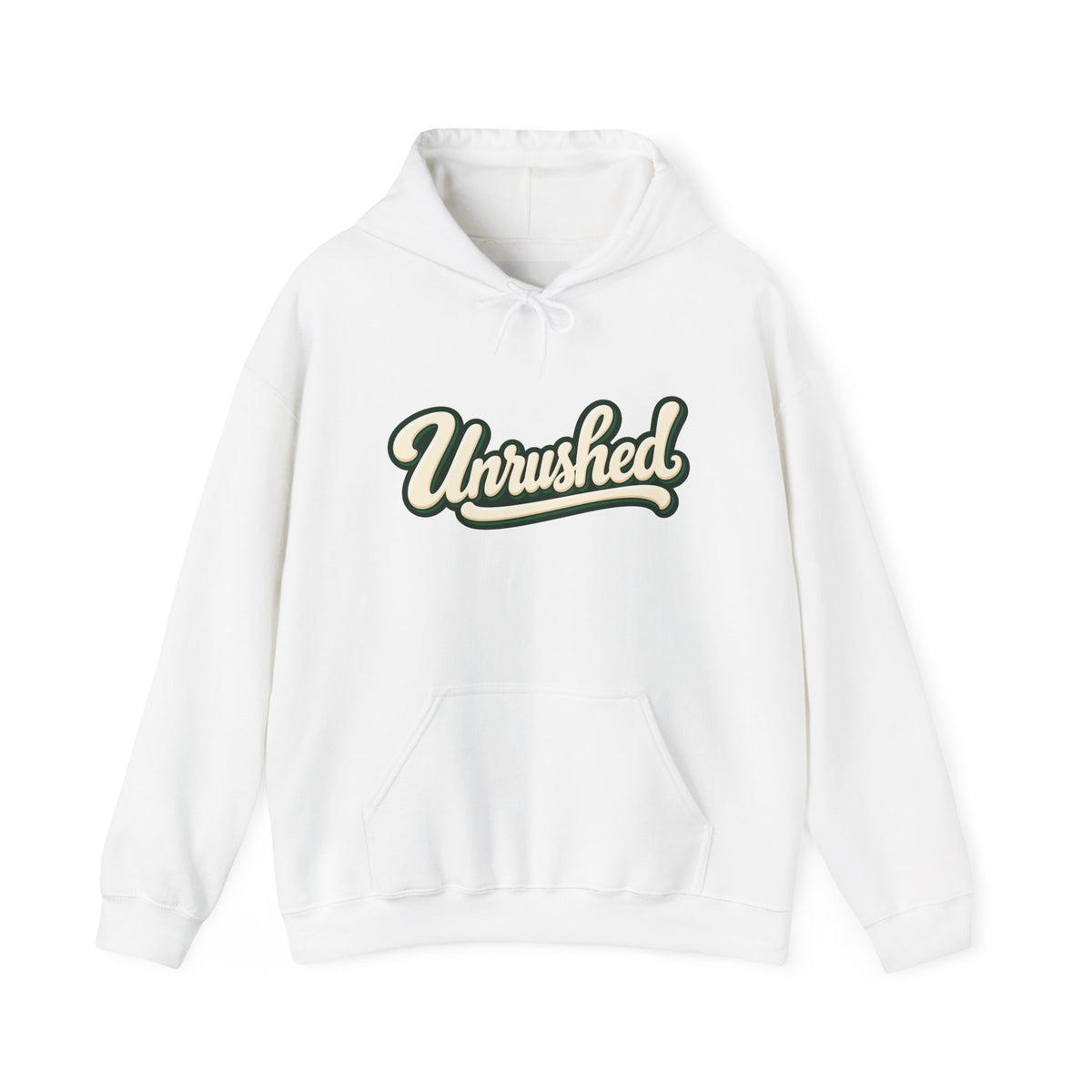 Hoodie — "Unrushed" Script Hoodie with "What Is Written Will Reach You" Back Quote