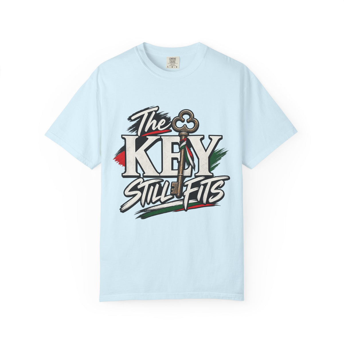 Key Still Fits T-Shirt — Vintage Key Graphic Tee with Red & Green Accents