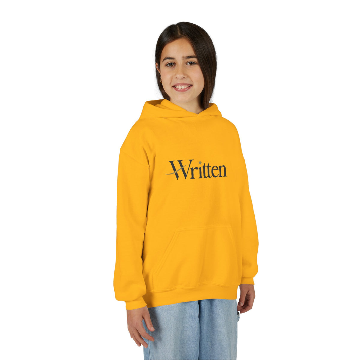 Youth Hoodie — Minimal "Written" Graphic Pullover for Young Writers & Readers