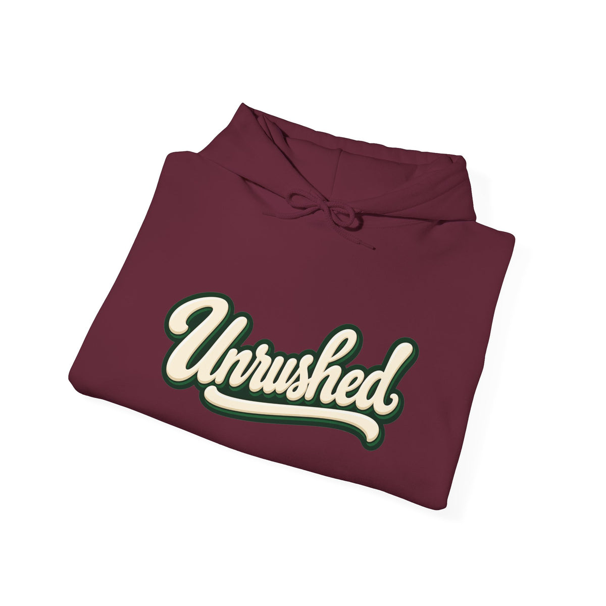 Hoodie — "Unrushed" Script Hoodie with "What Is Written Will Reach You" Back Quote