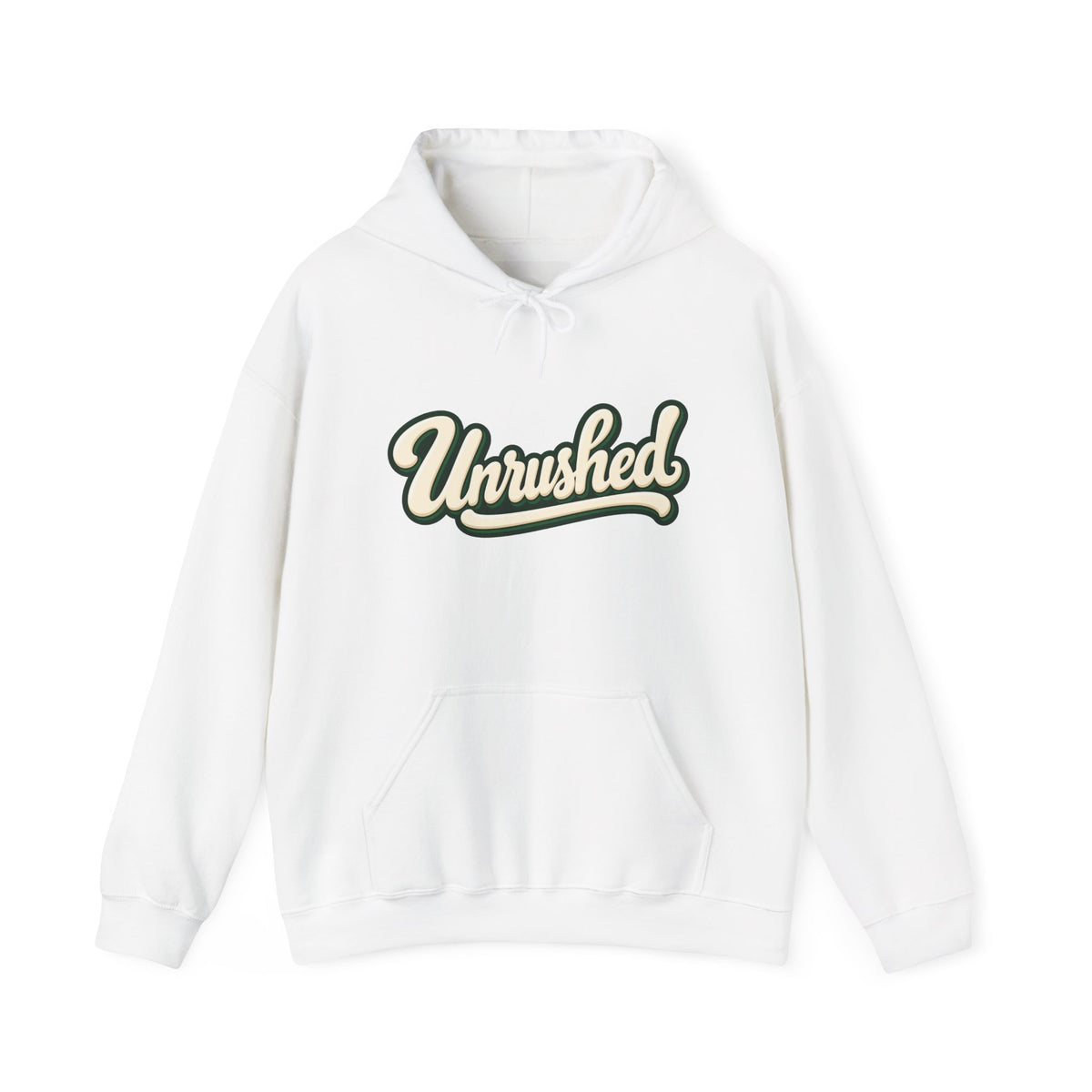 Hoodie — "Unrushed" Script Hoodie with "What Is Written Will Reach You" Back Quote