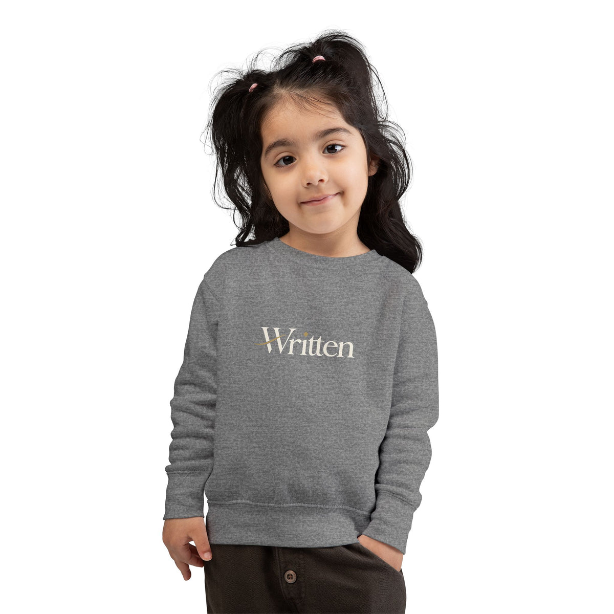 Toddler Sweatshirt - "Written" Minimalist Kids Crewneck, Cozy Gray Graphic Sweater for Little Readers & Writers