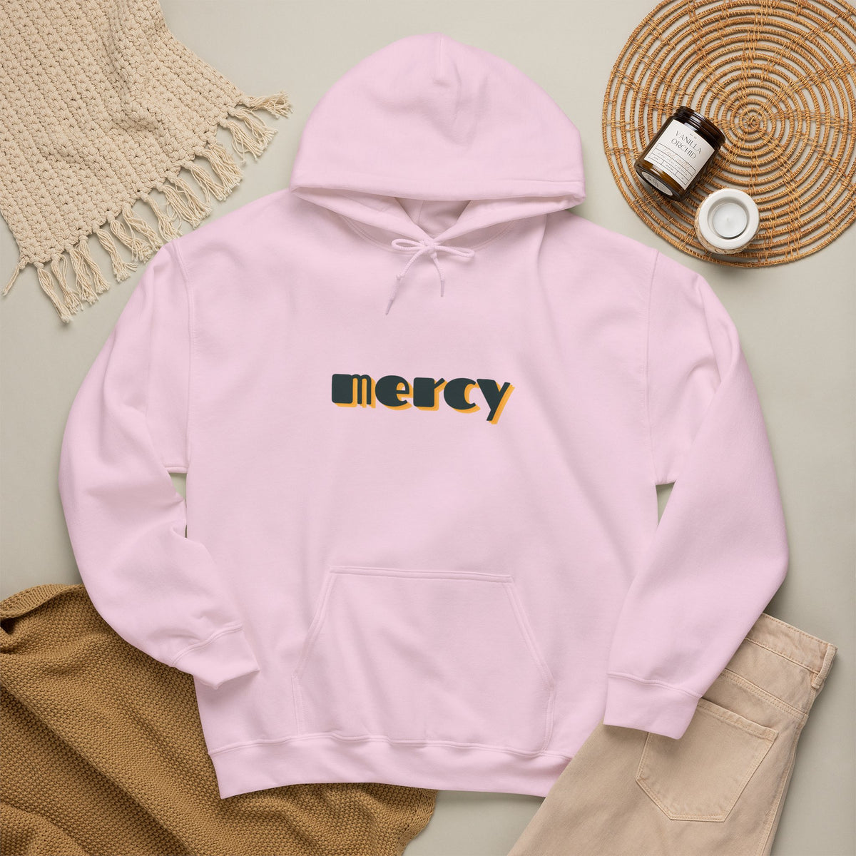 Mercy Retro Text Hoodie — Minimal Spiritual Comfort Sweatshirt