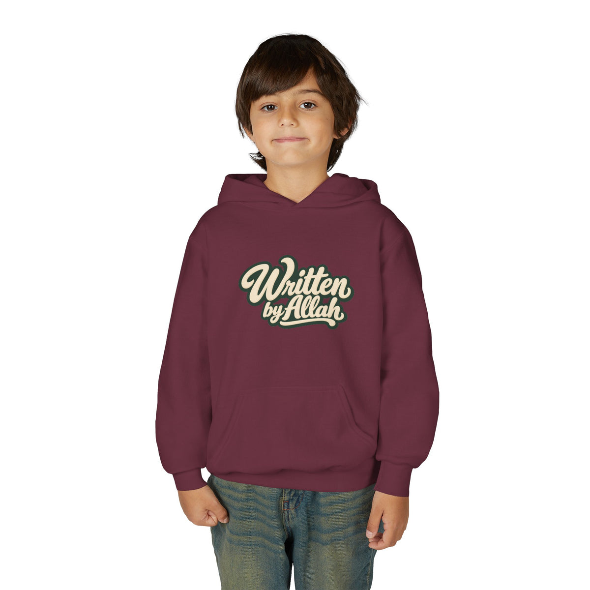 Youth Hoodie — "Written by Allah" Script Pullover for Muslim Kids