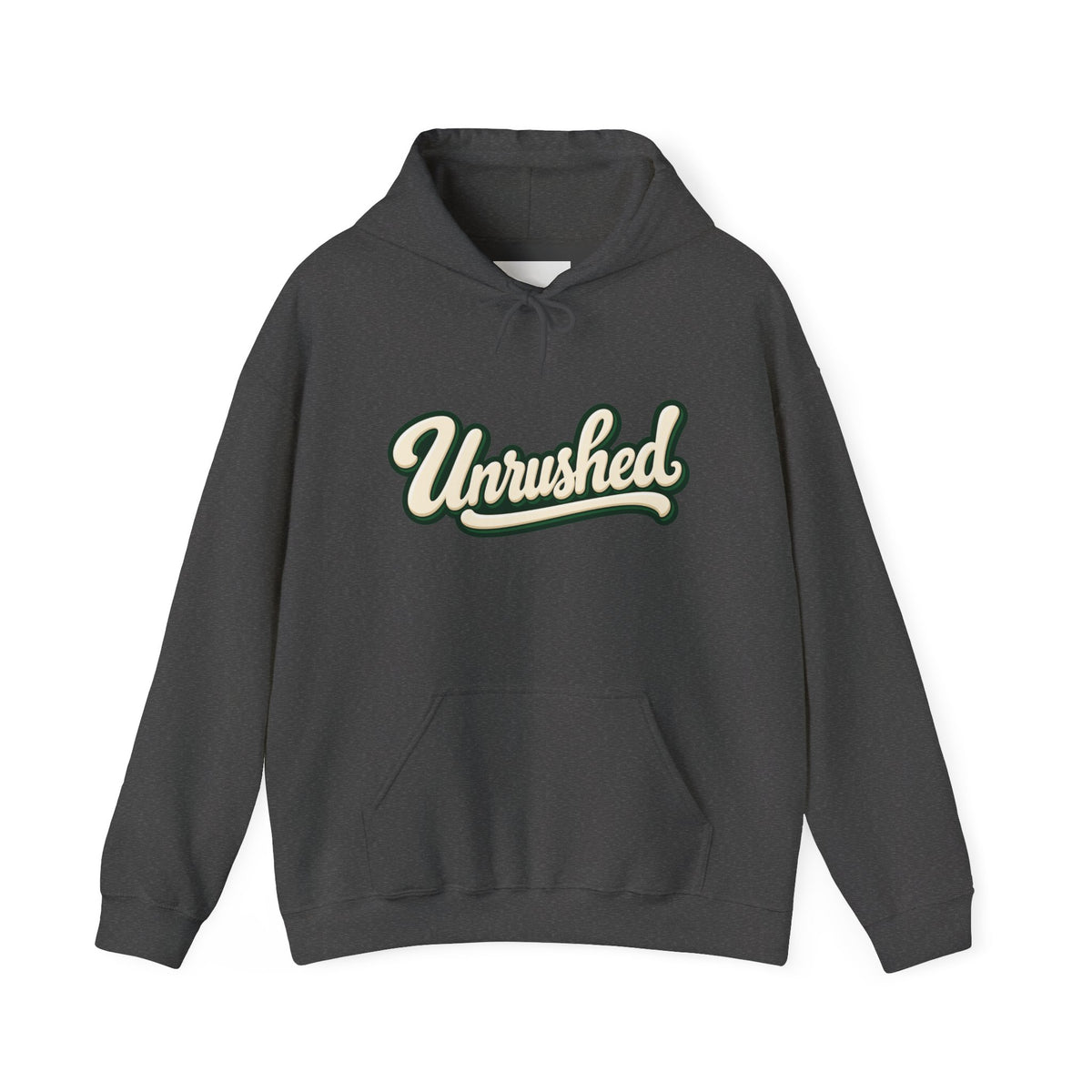 Hoodie — "Unrushed" Script Hoodie with "What Is Written Will Reach You" Back Quote