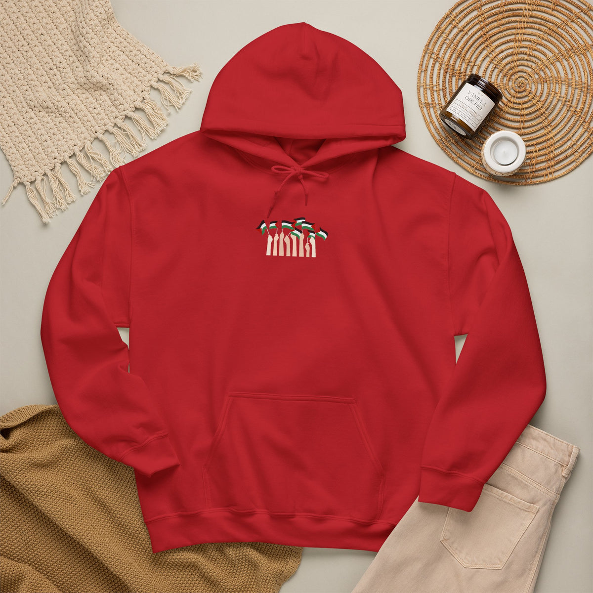Minimal 'Calm' Palestine Flag Hoodie — Small Center Graphic
