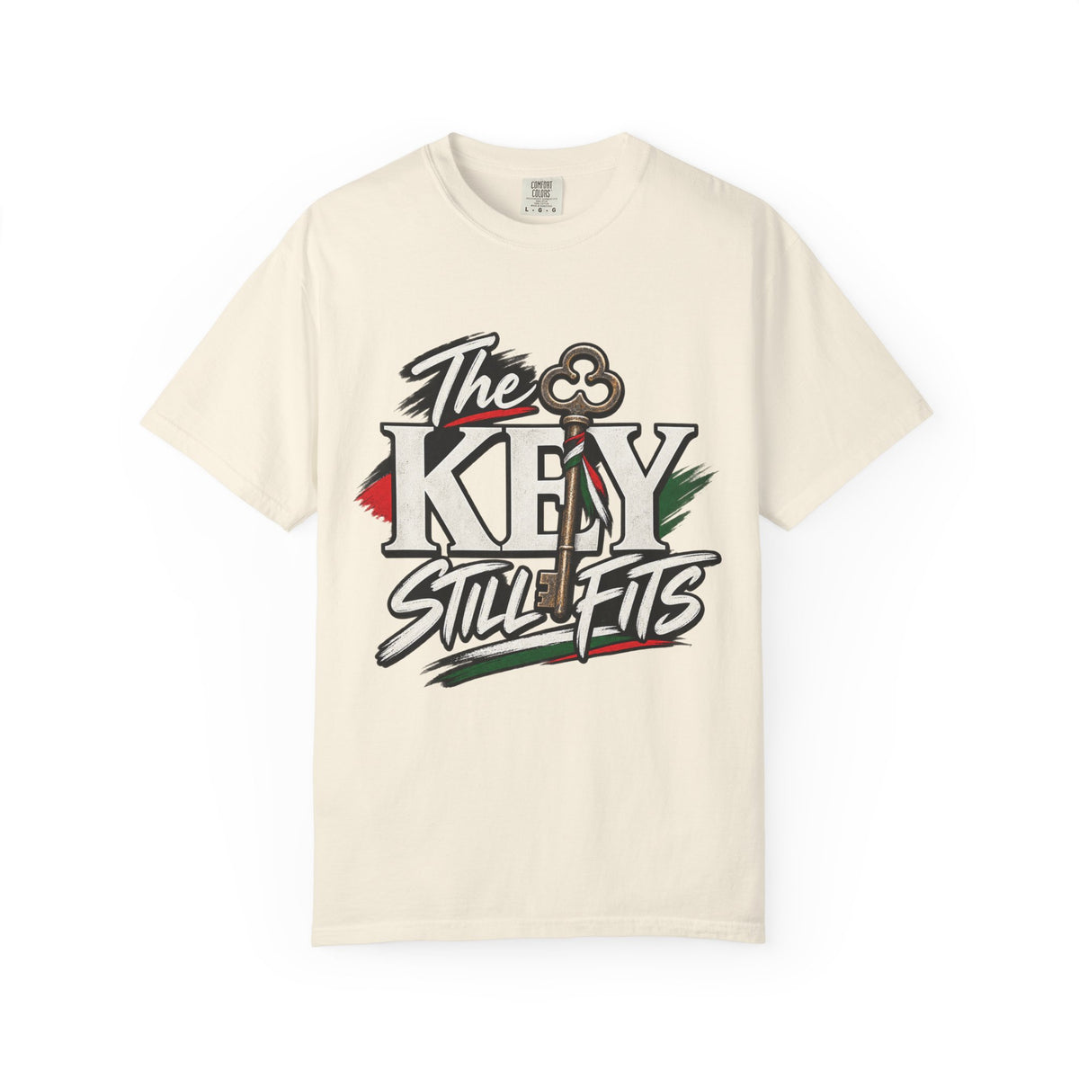 Key Still Fits T-Shirt — Vintage Key Graphic Tee with Red & Green Accents
