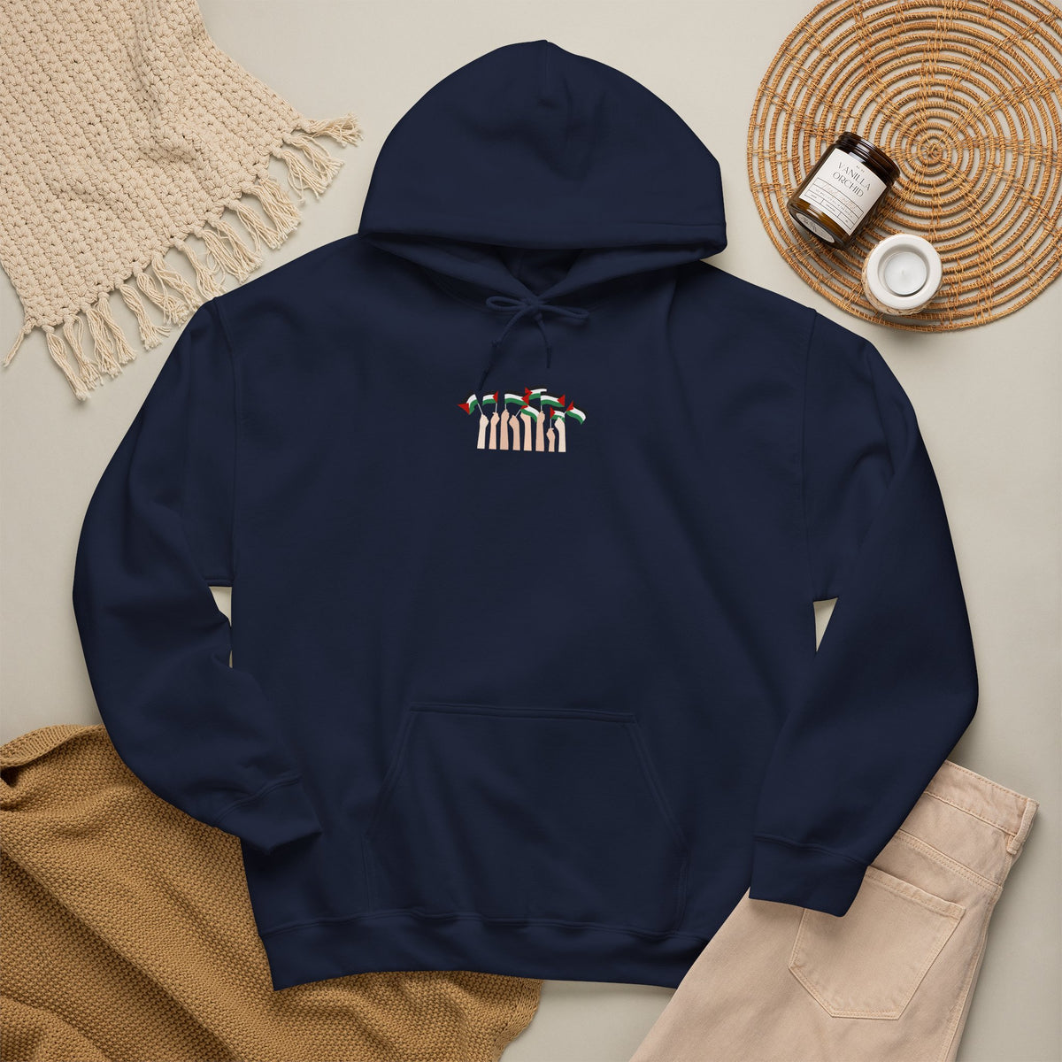 Minimal 'Calm' Palestine Flag Hoodie — Small Center Graphic