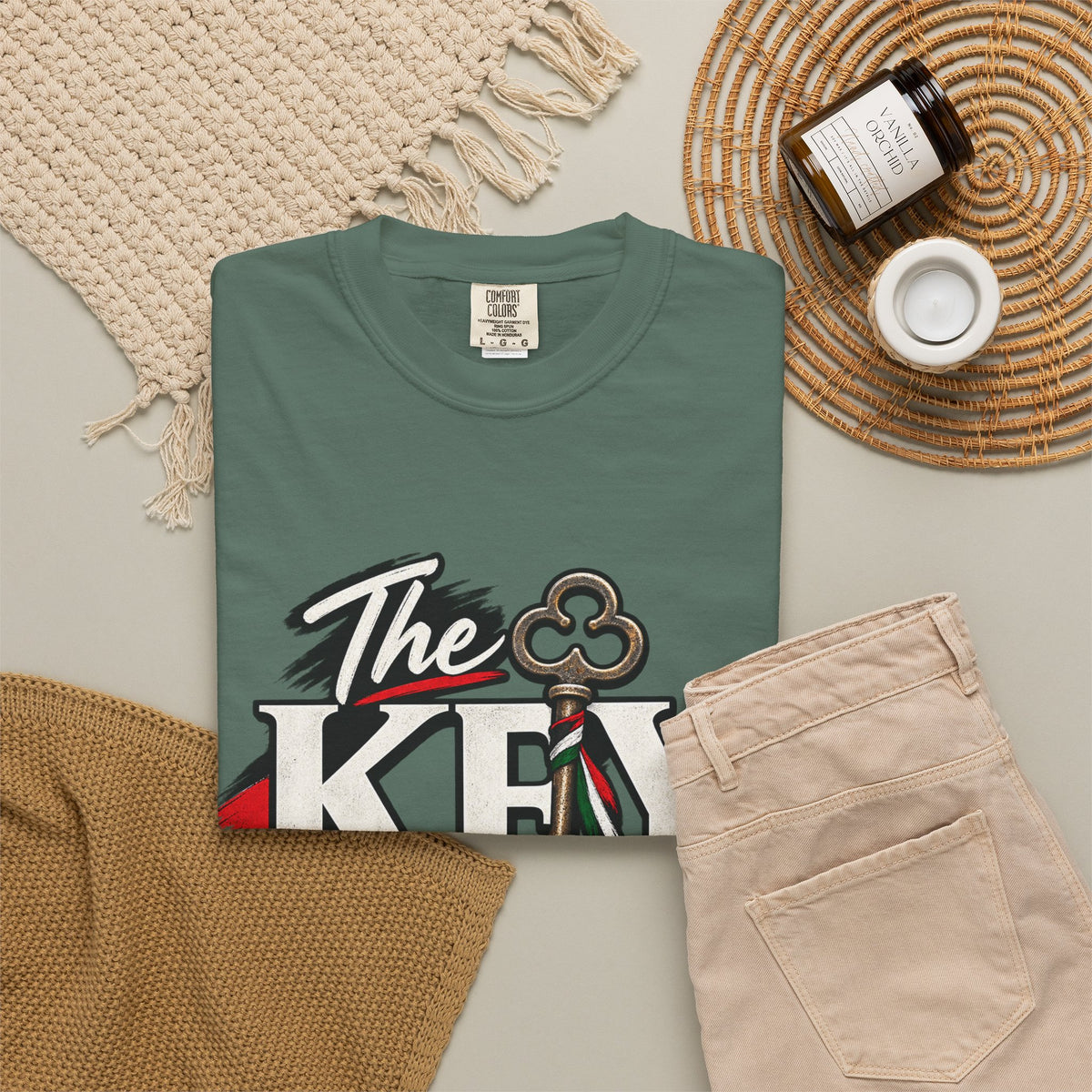 Key Still Fits T-Shirt — Vintage Key Graphic Tee with Red & Green Accents