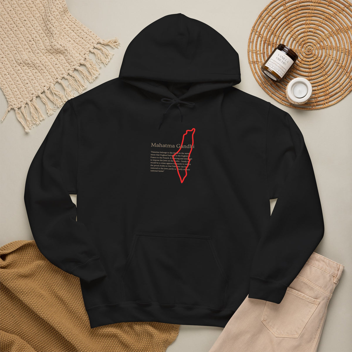 Hoodie — Mahatma Gandhi Quote with Red Palestine Map Outline