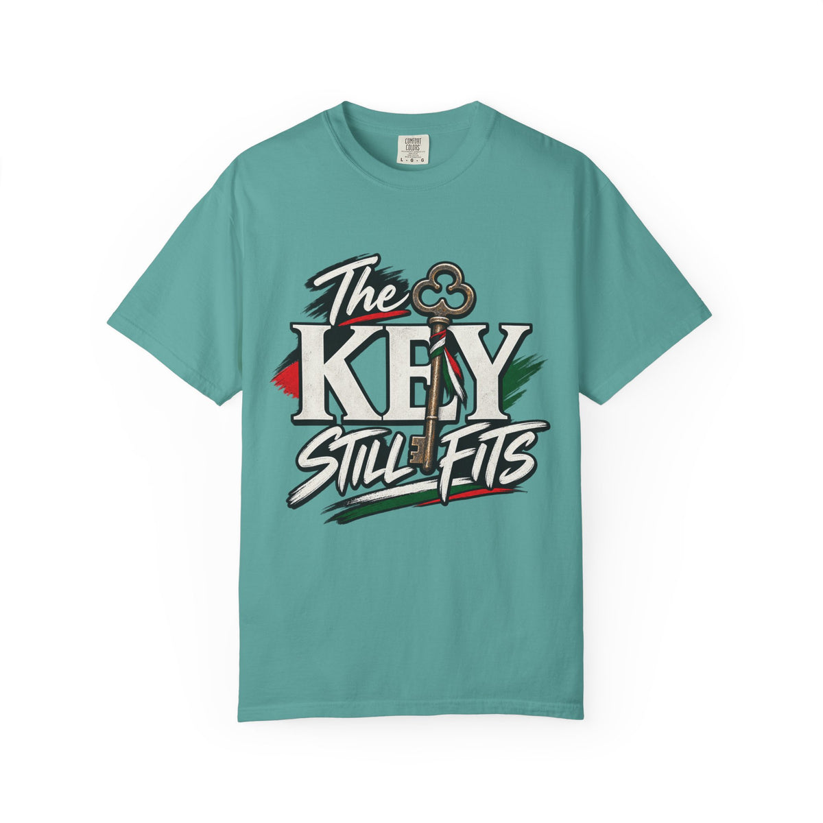 Key Still Fits T-Shirt — Vintage Key Graphic Tee with Red & Green Accents