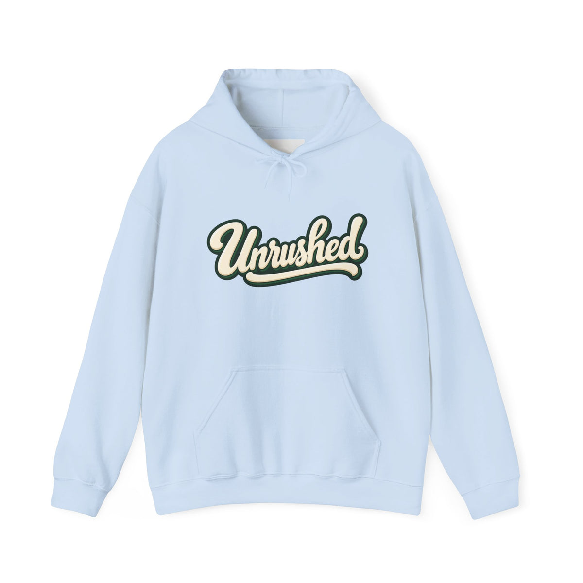 Hoodie — "Unrushed" Script Hoodie with "What Is Written Will Reach You" Back Quote