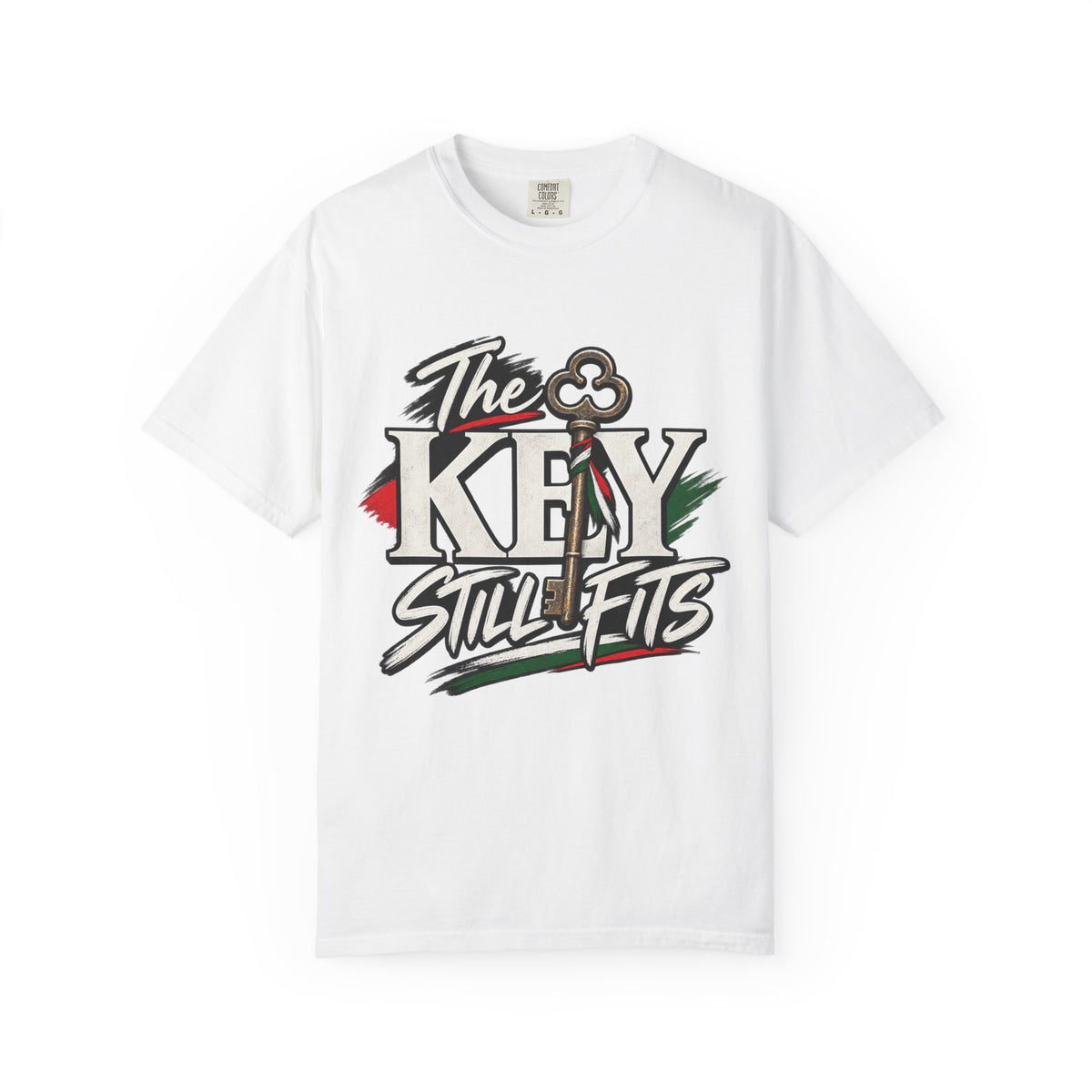Key Still Fits T-Shirt — Vintage Key Graphic Tee with Red & Green Accents
