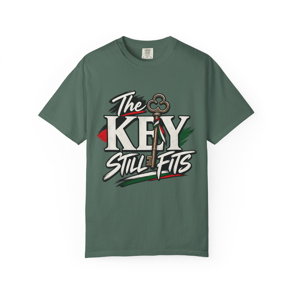 Key Still Fits T-Shirt — Vintage Key Graphic Tee with Red & Green Accents