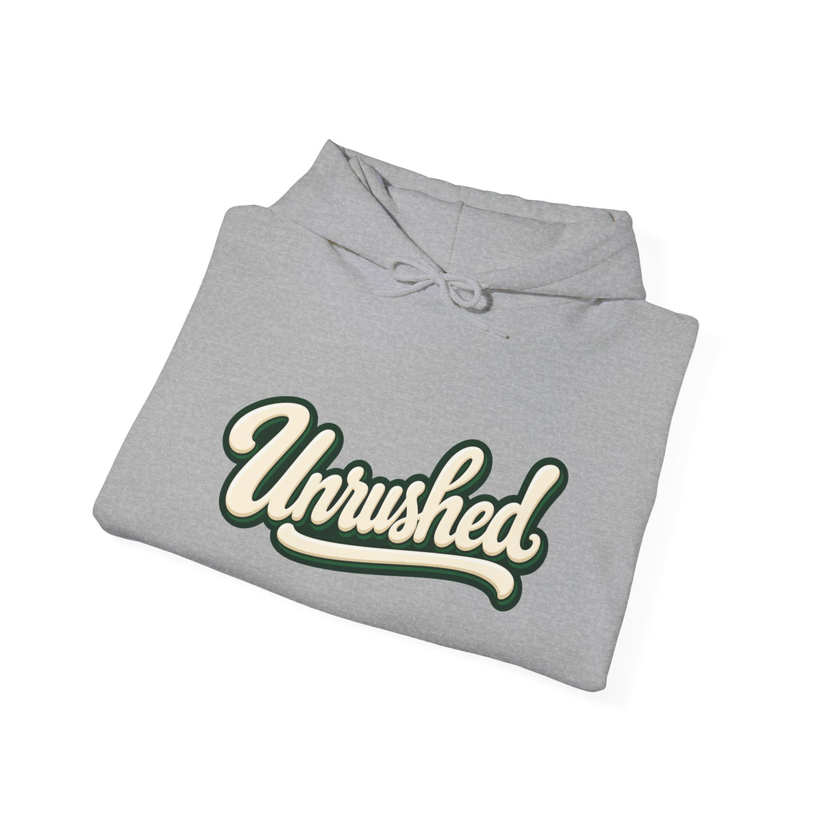 Hoodie — "Unrushed" Script Hoodie with "What Is Written Will Reach You" Back Quote