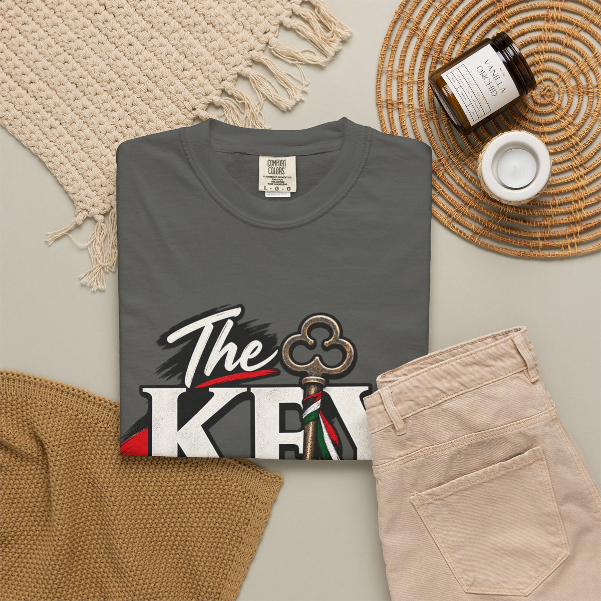 Key Still Fits T-Shirt — Vintage Key Graphic Tee with Red & Green Accents