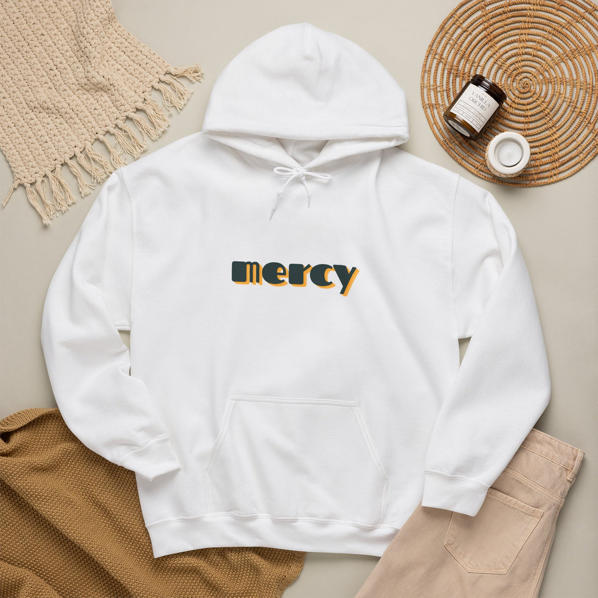 Mercy Retro Text Hoodie — Minimal Spiritual Comfort Sweatshirt