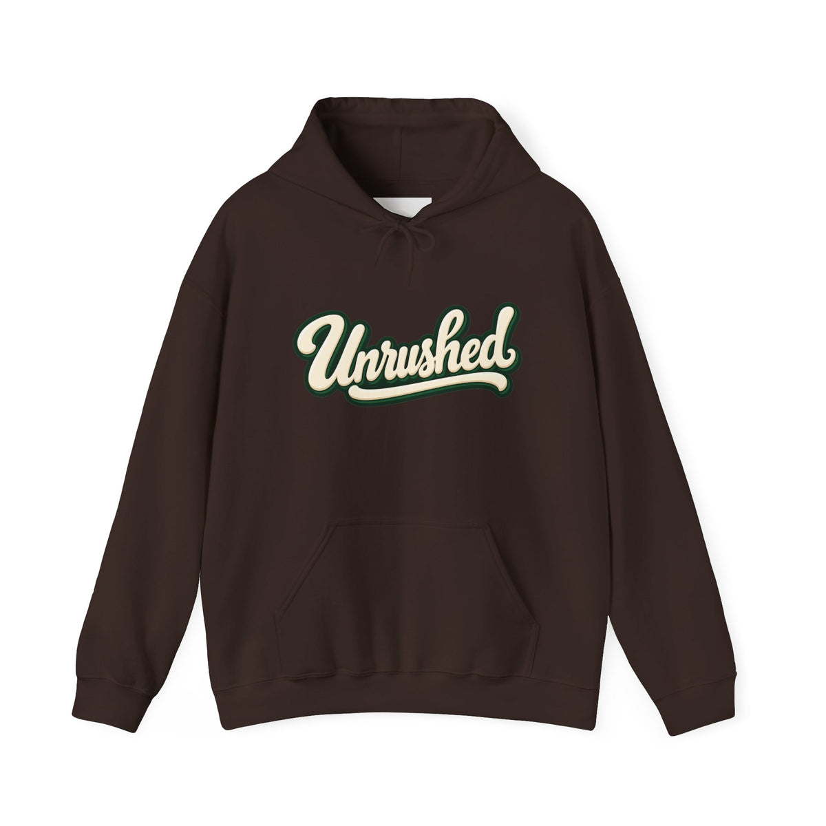 Hoodie — "Unrushed" Script Hoodie with "What Is Written Will Reach You" Back Quote