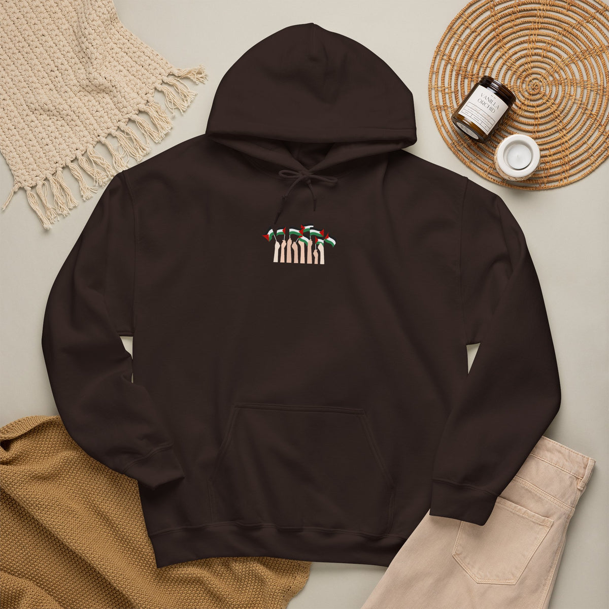 Minimal 'Calm' Palestine Flag Hoodie — Small Center Graphic
