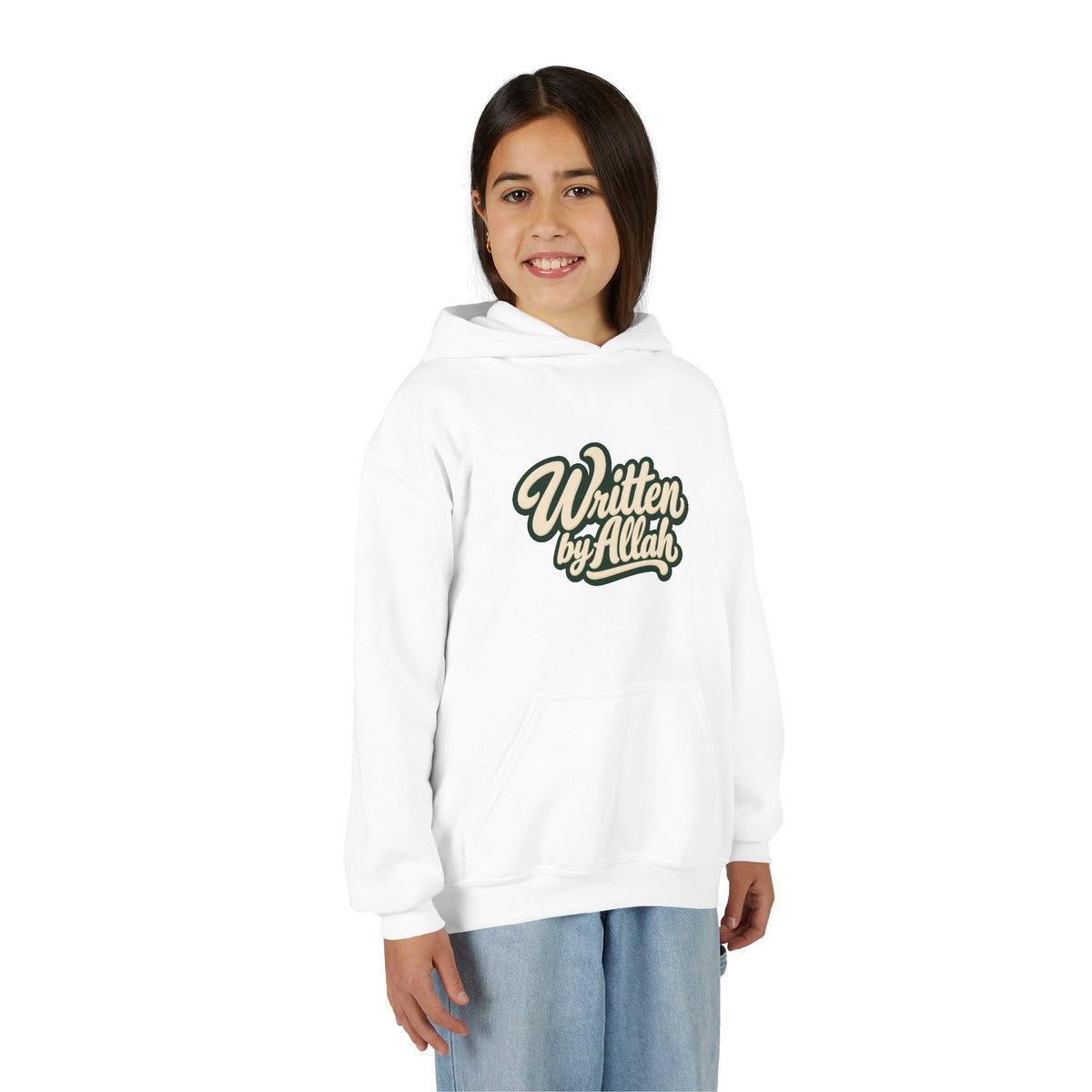Youth Hoodie — "Written by Allah" Script Pullover for Muslim Kids