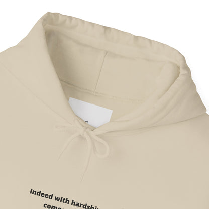 Minimal White Hoodie with "Indeed With Hardship Comes Ease" Text — Inspirational Comfort Pullover