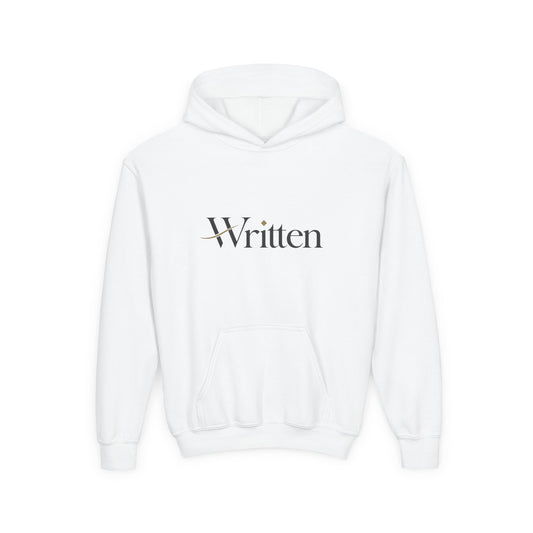 Youth Hoodie — Minimal "Written" Graphic Pullover for Young Writers & Readers