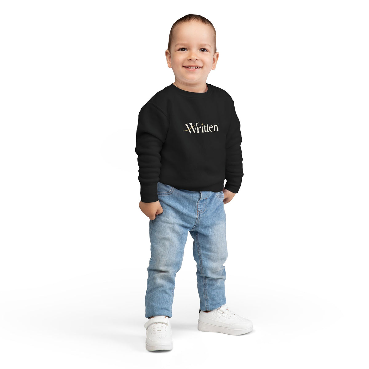 Toddler Sweatshirt - "Written" Minimalist Kids Crewneck, Cozy Gray Graphic Sweater for Little Readers & Writers