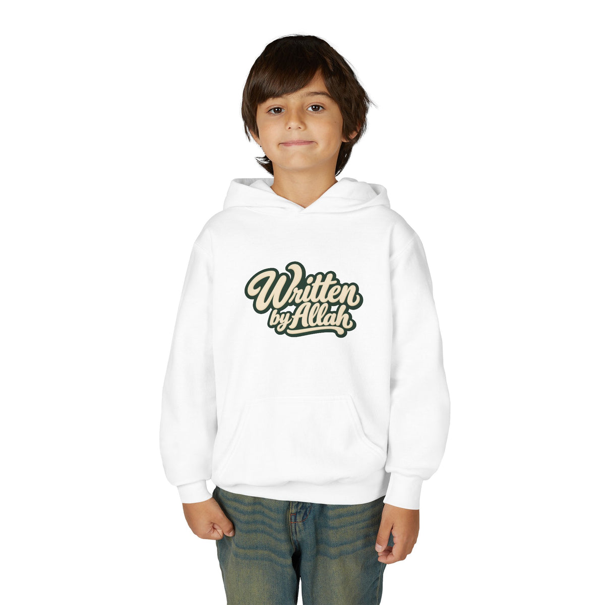 Youth Hoodie — "Written by Allah" Script Pullover for Muslim Kids