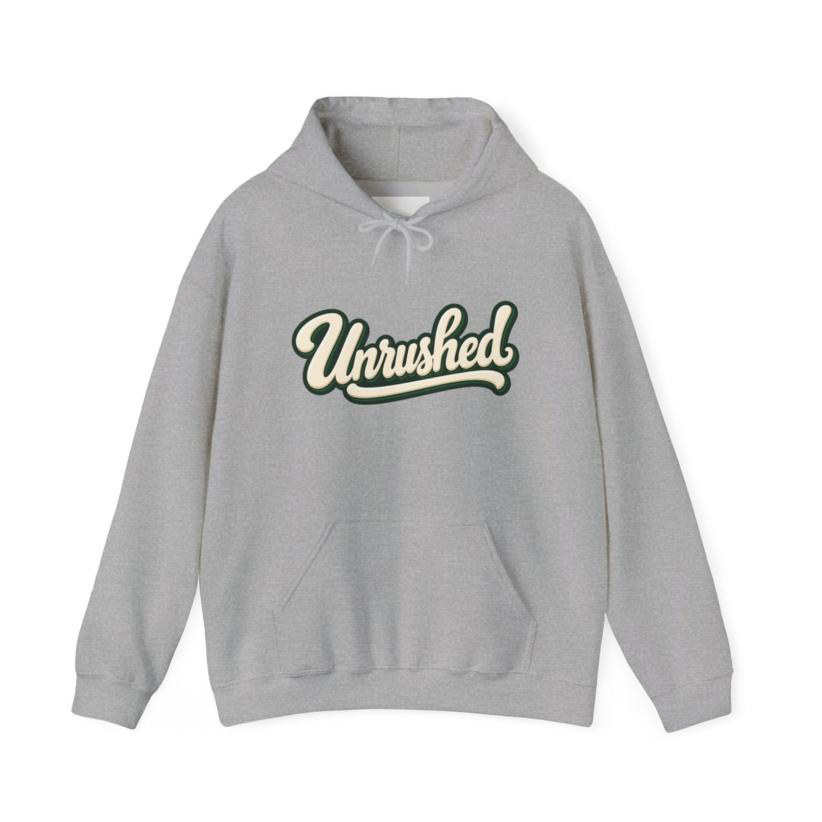Hoodie — "Unrushed" Script Hoodie with "What Is Written Will Reach You" Back Quote