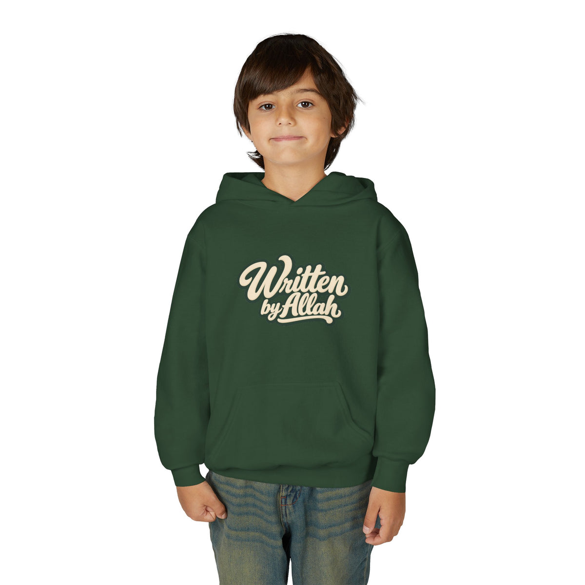 Youth Hoodie — "Written by Allah" Script Pullover for Muslim Kids