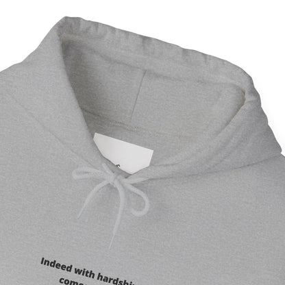 Minimal White Hoodie with "Indeed With Hardship Comes Ease" Text — Inspirational Comfort Pullover