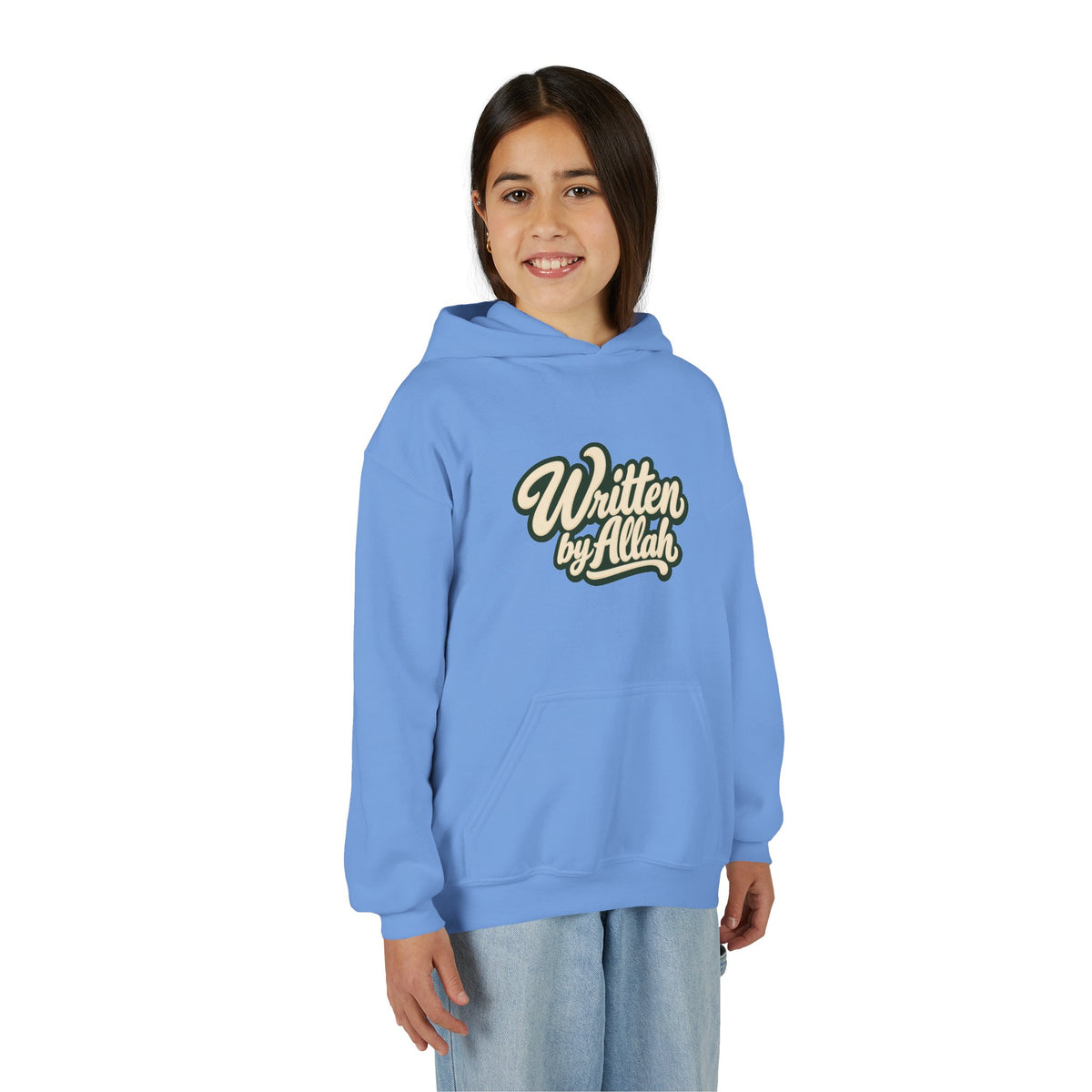 Youth Hoodie — "Written by Allah" Script Pullover for Muslim Kids