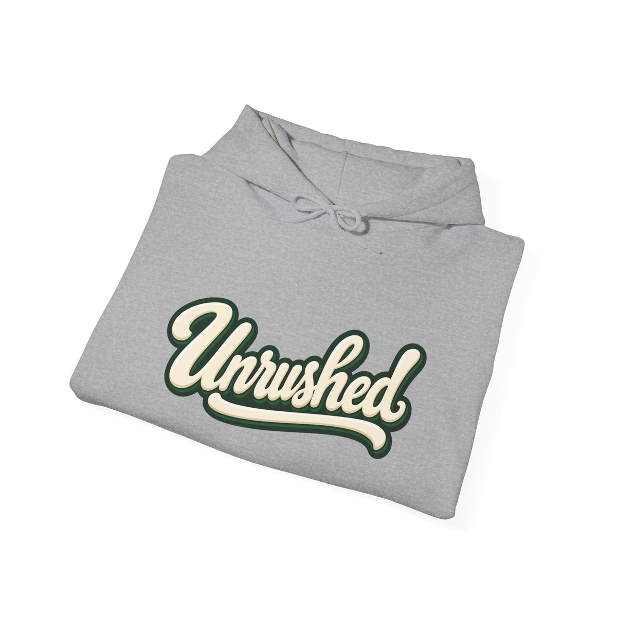 Hoodie — "Unrushed" Script Hoodie with "What Is Written Will Reach You" Back Quote