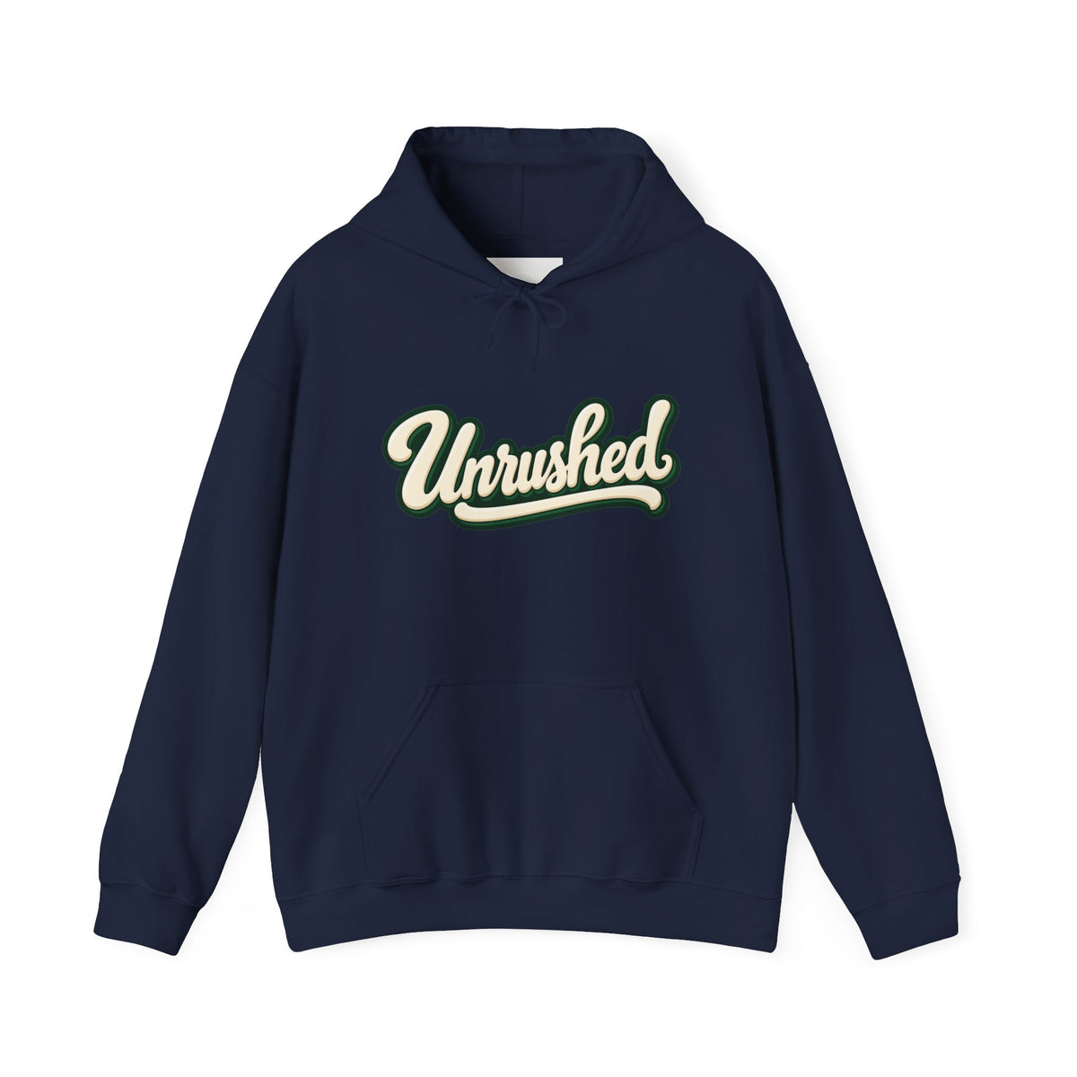 Hoodie — "Unrushed" Script Hoodie with "What Is Written Will Reach You" Back Quote