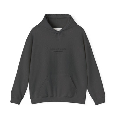 Minimal White Hoodie with "Indeed With Hardship Comes Ease" Text — Inspirational Comfort Pullover