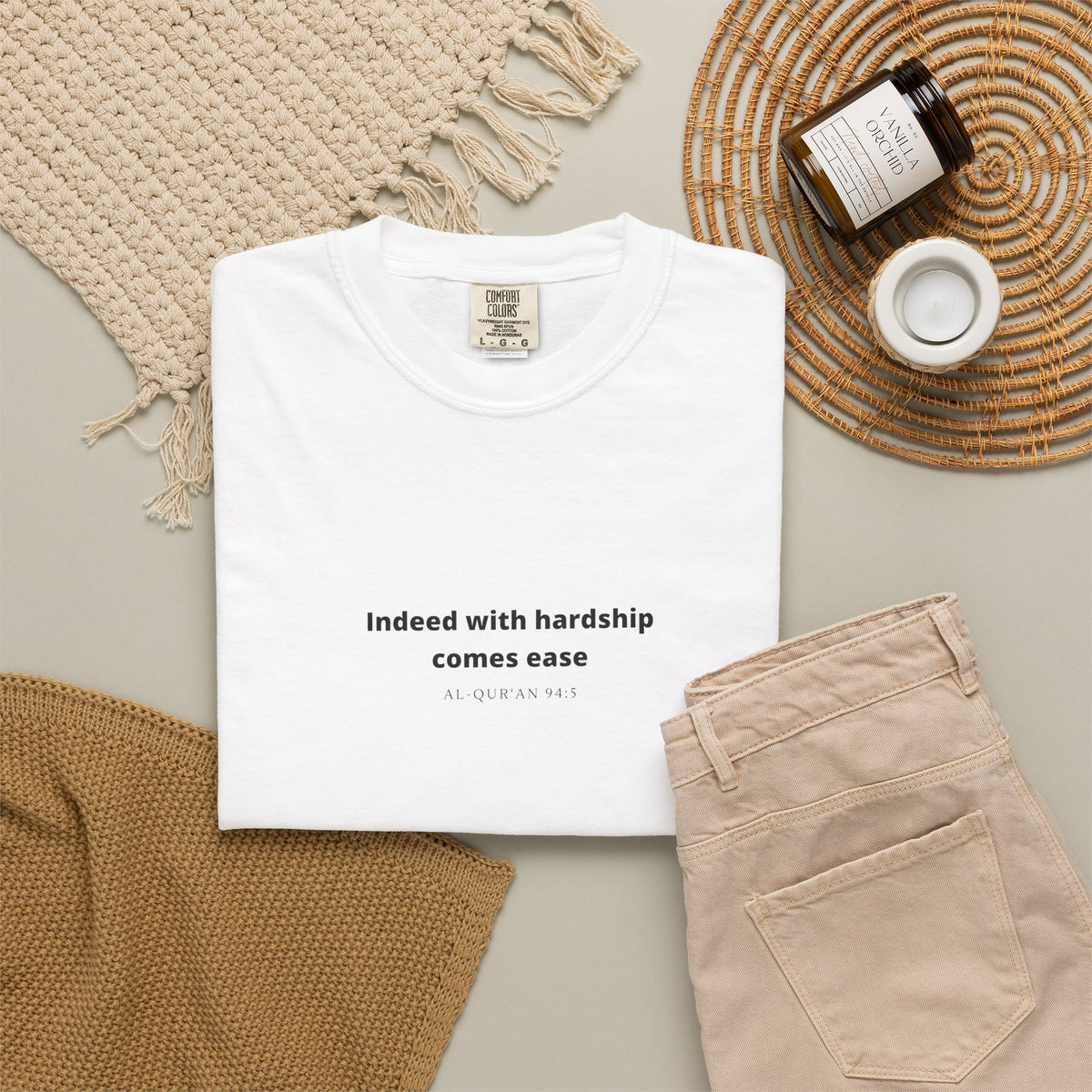 Minimalist Quran Quote T-Shirt — “Indeed with hardship comes ease” Centered Text