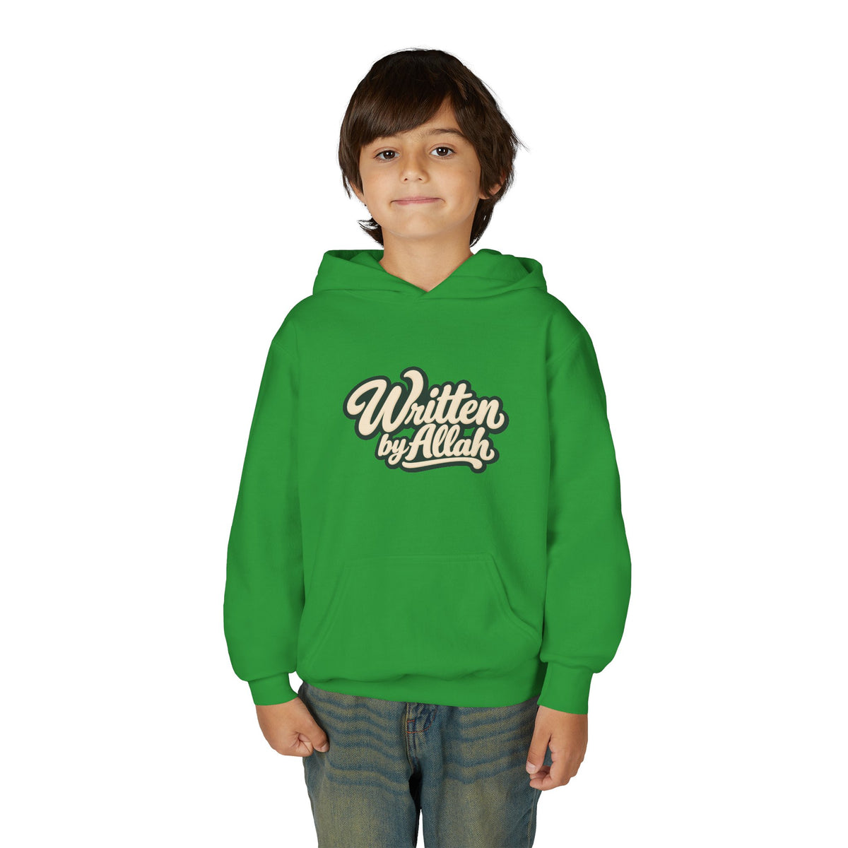 Youth Hoodie — "Written by Allah" Script Pullover for Muslim Kids