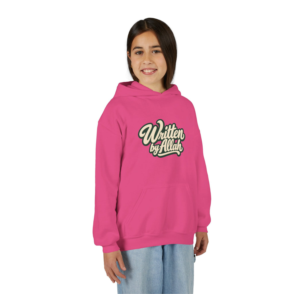 Youth Hoodie — "Written by Allah" Script Pullover for Muslim Kids