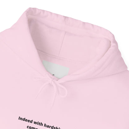 Minimal White Hoodie with "Indeed With Hardship Comes Ease" Text — Inspirational Comfort Pullover