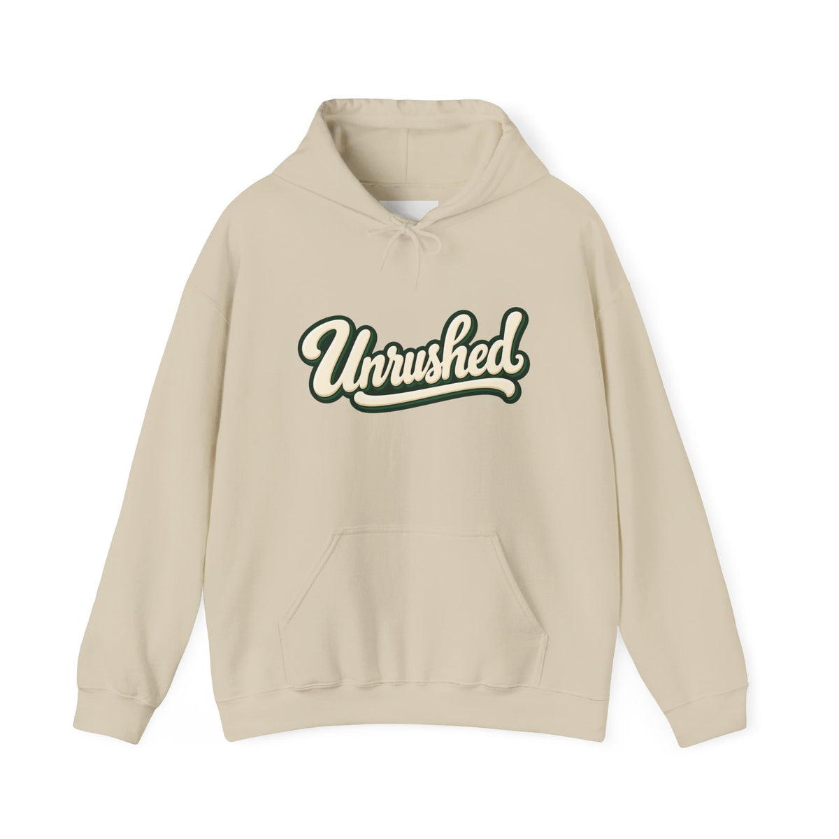 Hoodie — "Unrushed" Script Hoodie with "What Is Written Will Reach You" Back Quote