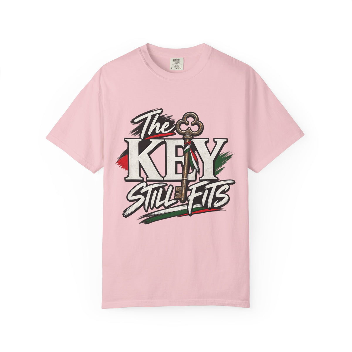 Key Still Fits T-Shirt — Vintage Key Graphic Tee with Red & Green Accents