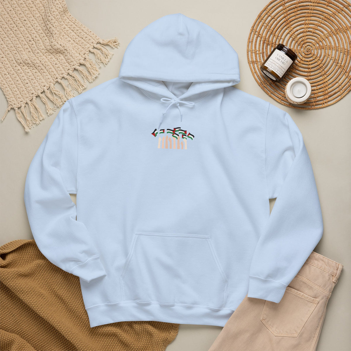 Minimal 'Calm' Palestine Flag Hoodie — Small Center Graphic