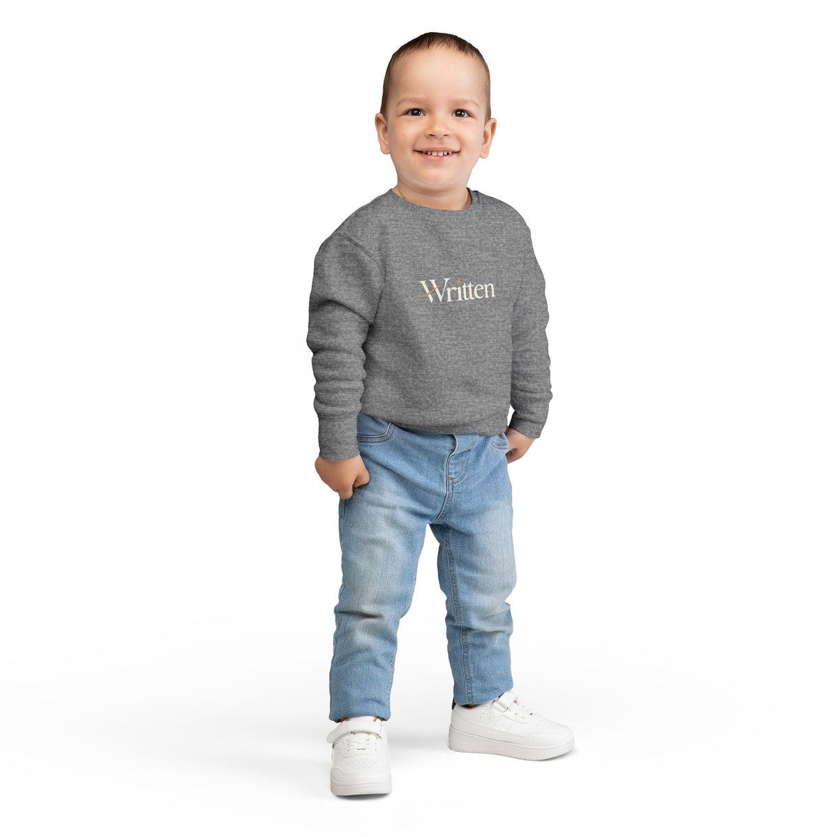 Toddler Sweatshirt - "Written" Minimalist Kids Crewneck, Cozy Gray Graphic Sweater for Little Readers & Writers