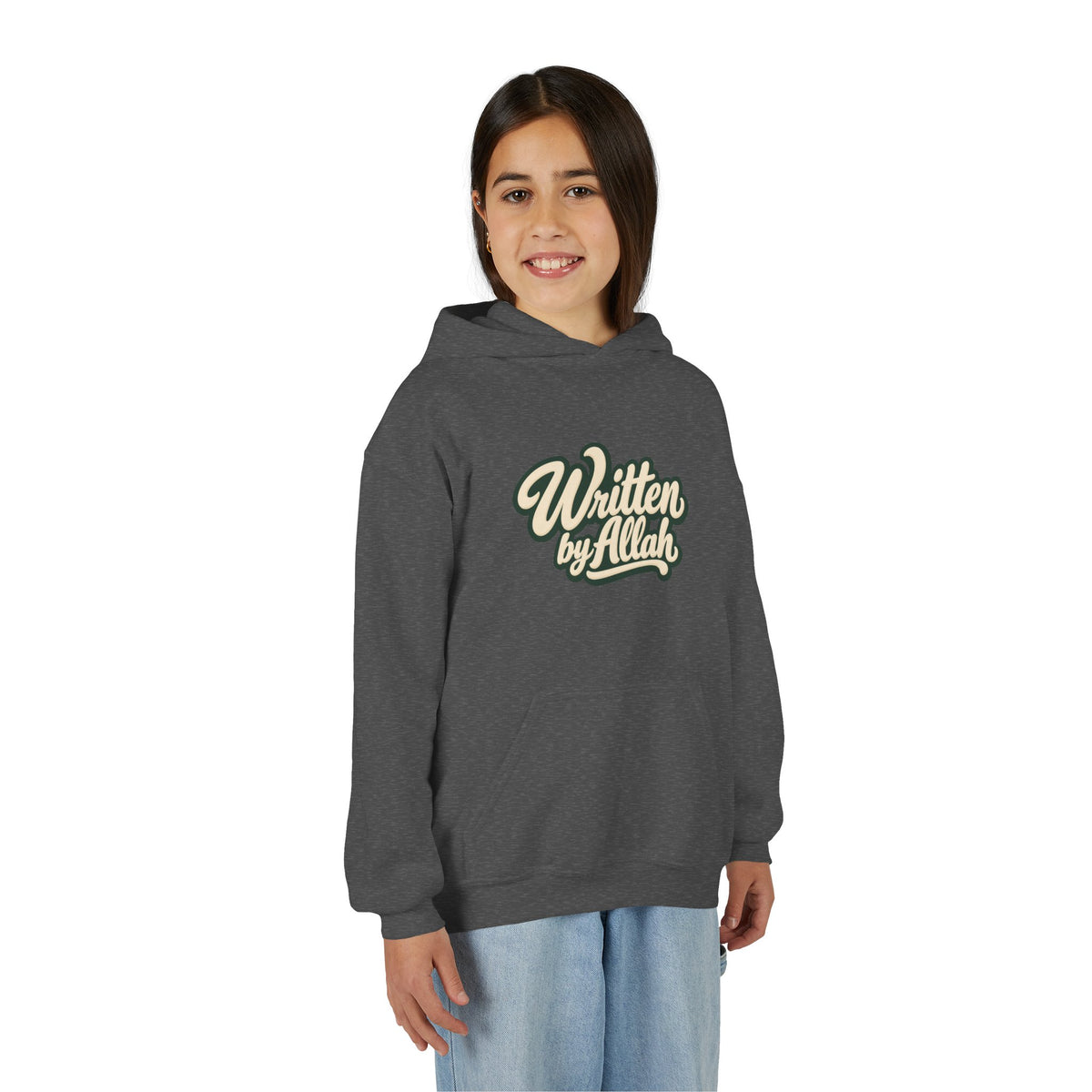 Youth Hoodie — "Written by Allah" Script Pullover for Muslim Kids
