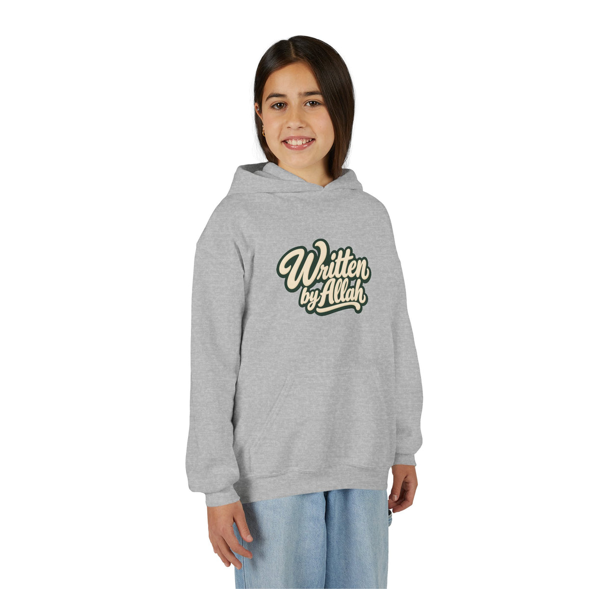 Youth Hoodie — "Written by Allah" Script Pullover for Muslim Kids