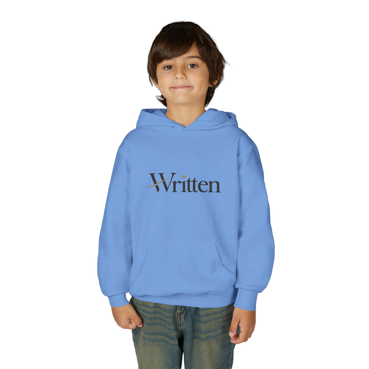 Youth Hoodie — Minimal "Written" Graphic Pullover for Young Writers & Readers