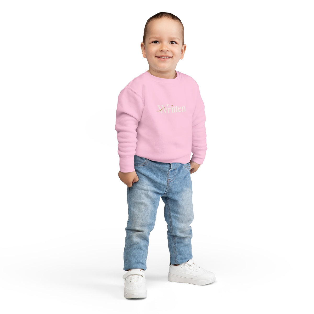 Toddler Sweatshirt - "Written" Minimalist Kids Crewneck, Cozy Gray Graphic Sweater for Little Readers & Writers