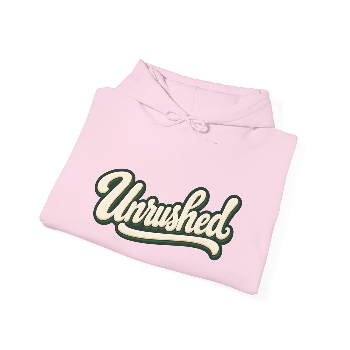 Hoodie — "Unrushed" Script Hoodie with "What Is Written Will Reach You" Back Quote